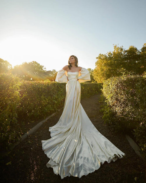 Puff Sleeve Wedding Dress, Off-Shoulder Satin A-Line Gown, High Slit, Custom