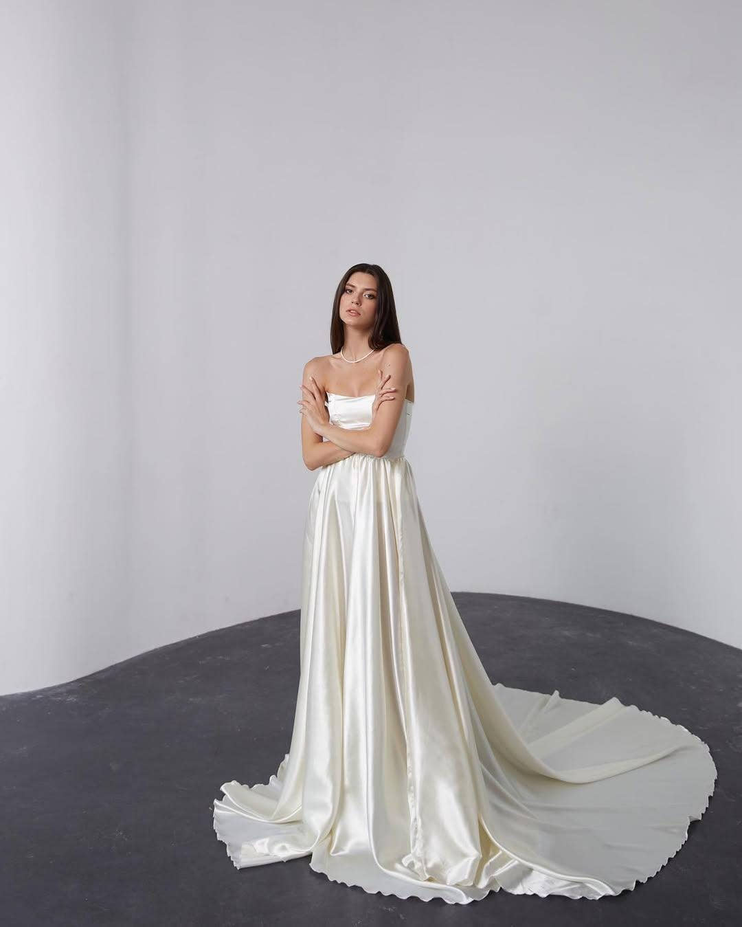 Puff Sleeve Wedding Dress, Off-Shoulder Satin A-Line Gown, High Slit, Custom