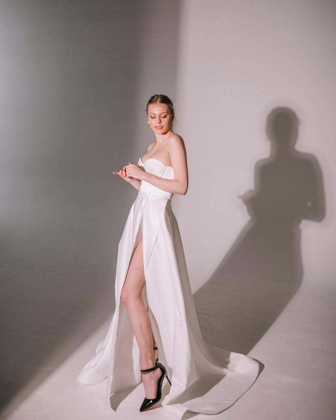 High Slit Wedding Dress, Strapless Satin A-Line Corset Gown, Custom Made