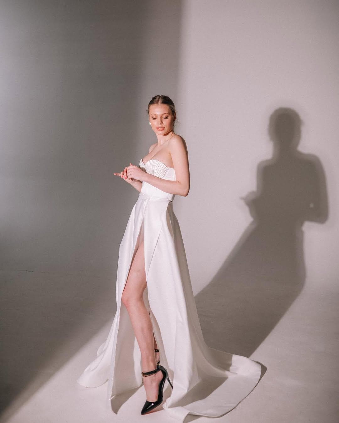 High Slit Wedding Dress, Strapless Satin A-Line Corset Gown, Custom Made