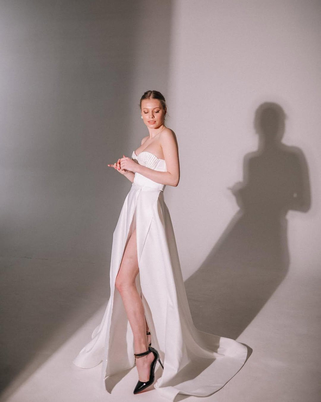 High Slit Wedding Dress, Strapless Satin A-Line Corset Gown, Custom Made