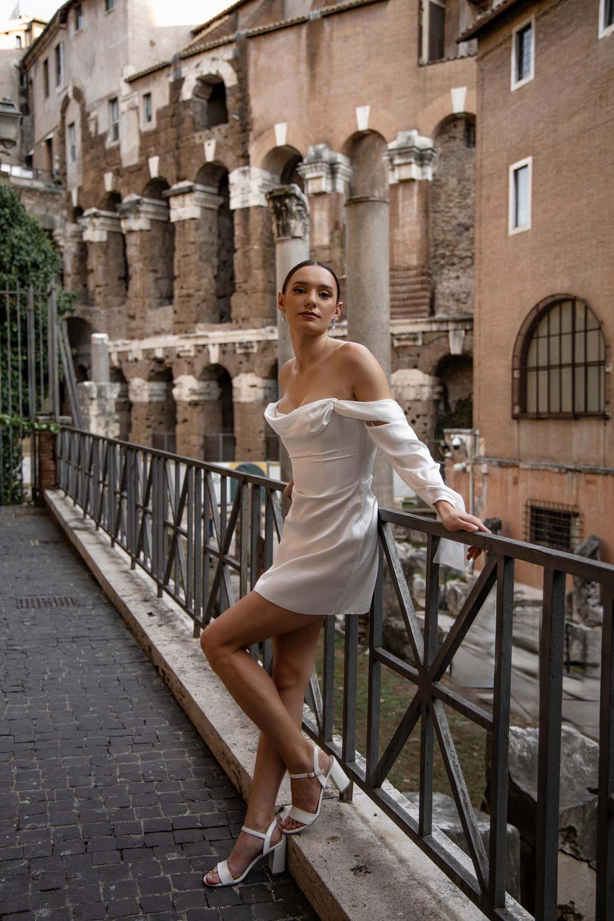 Minimalist Off-Shoulder Satin Long Sleeves Mini Dress, White Short Wedding Gown, Slim Silhouette Bridal Dress, Ivory Reh