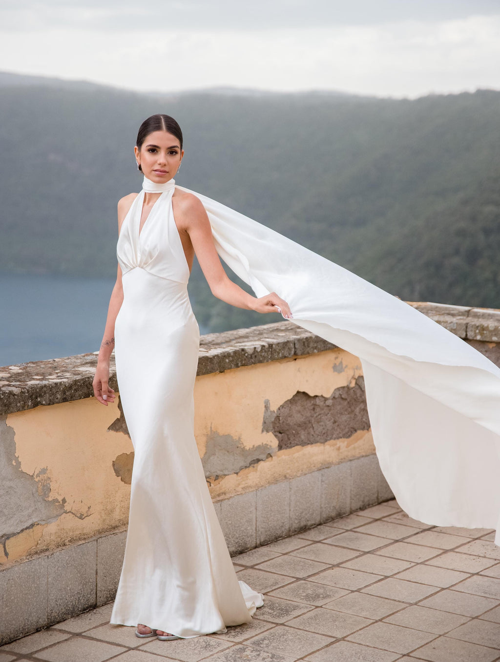 Halter Wedding Dress with Detachable Cape, Backless Satin Sheath Gown, Custom
