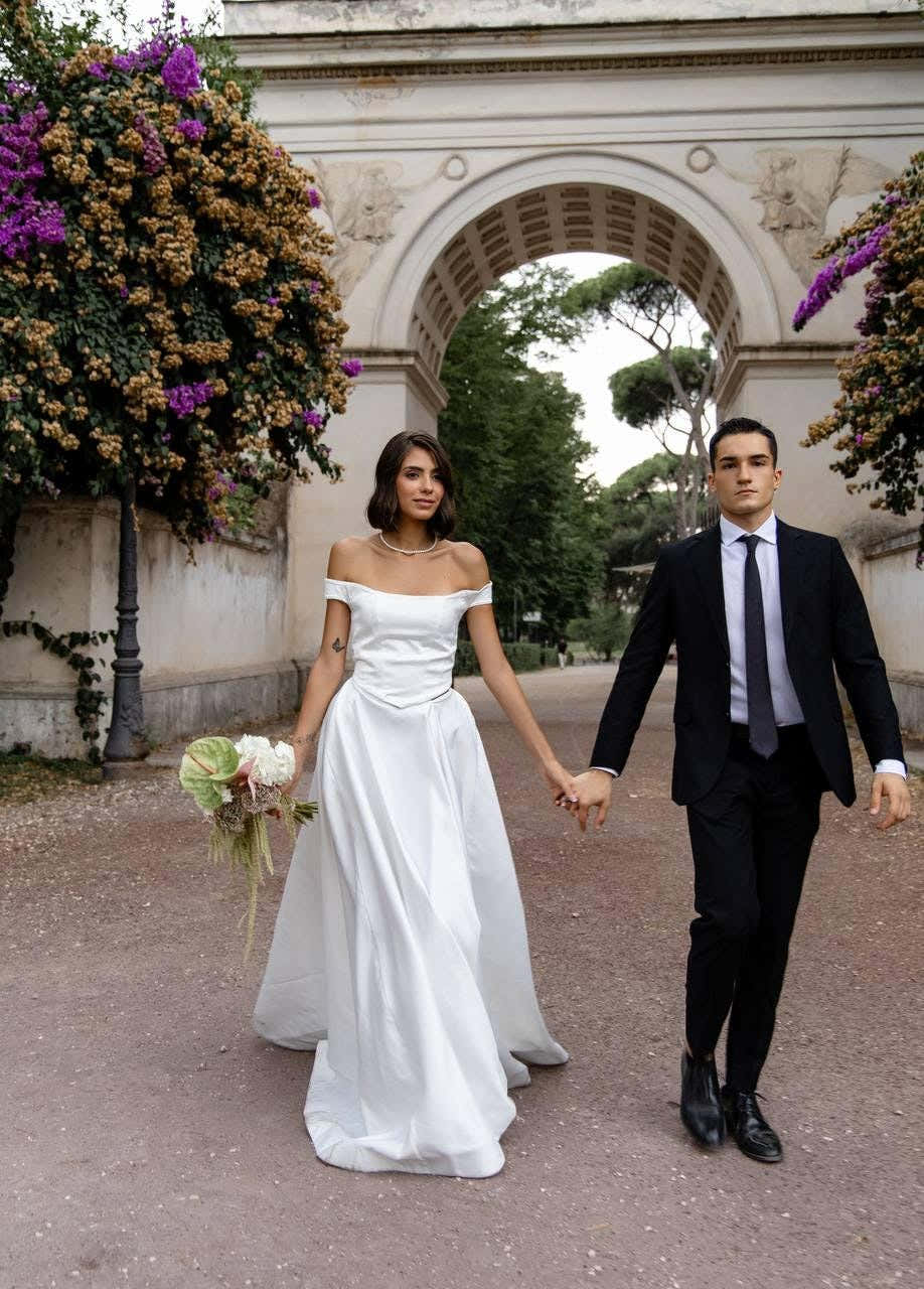 Draped Wedding Dress, Off-Shoulder Satin A-Line Corset Gown, Custom