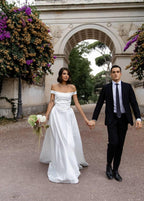 Draped Wedding Dress, Off-Shoulder Satin A-Line Corset Gown, Custom
