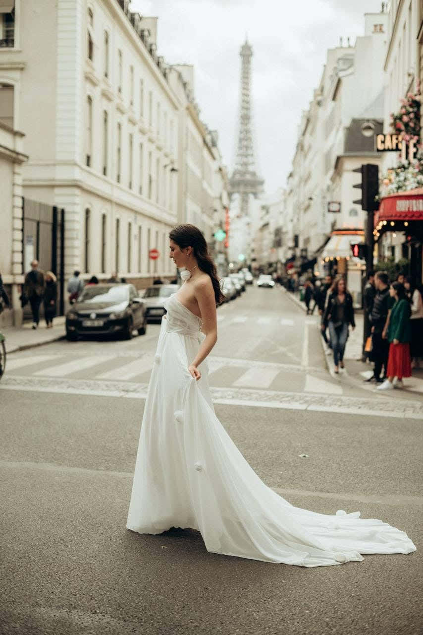 Strapless Chiffon Wedding Dress with 3D Floral Appliqués, Bridal White Dress Flowing Train, Romantic Engagement Gown