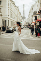 Strapless Chiffon Wedding Dress with 3D Floral Appliqués, Bridal White Dress Flowing Train, Romantic Engagement Gown