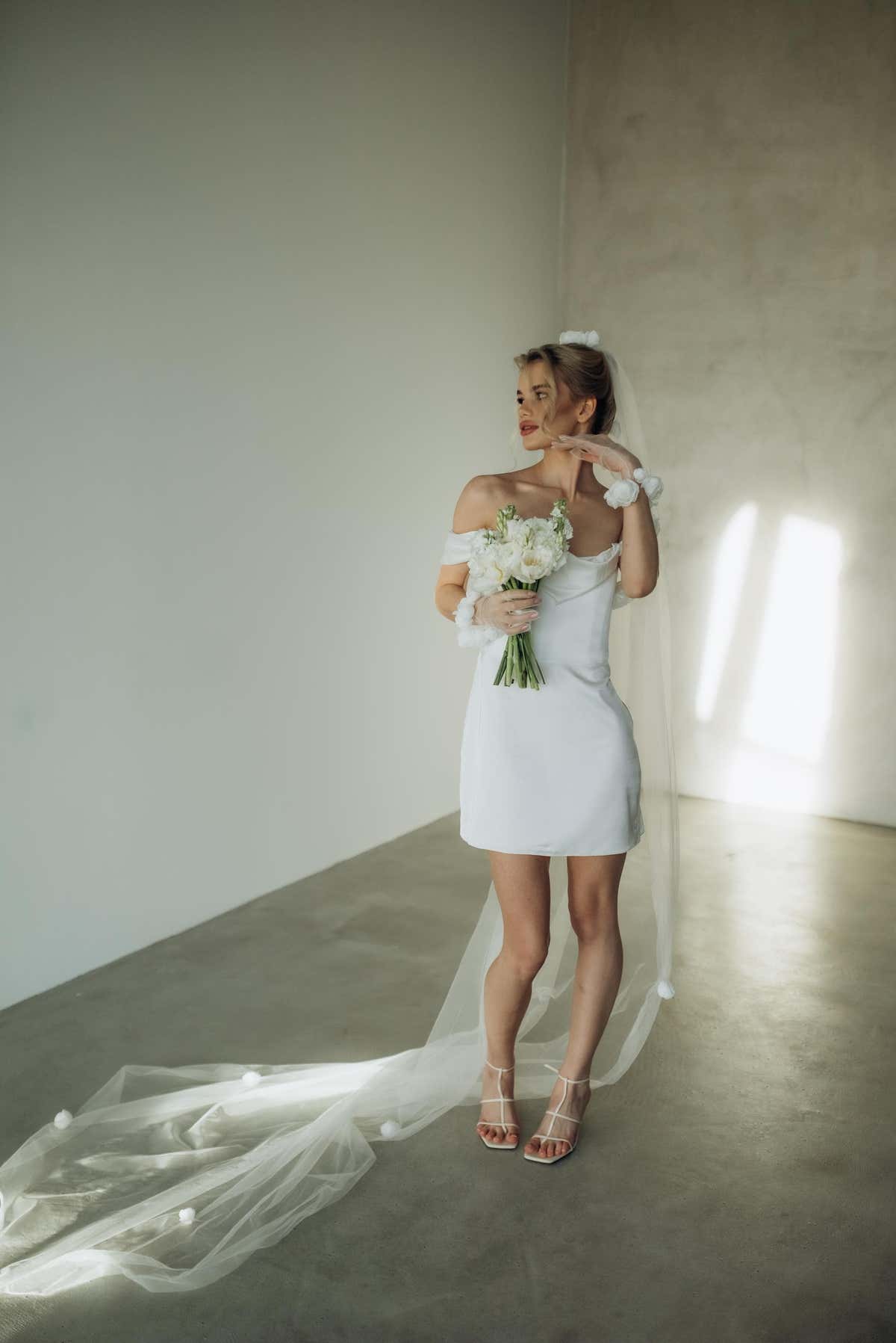 White Off-Shoulder Satin Mini Dress, Ivory Silk Sleeveless Bridal Gown, Boho Short Wedding Dress