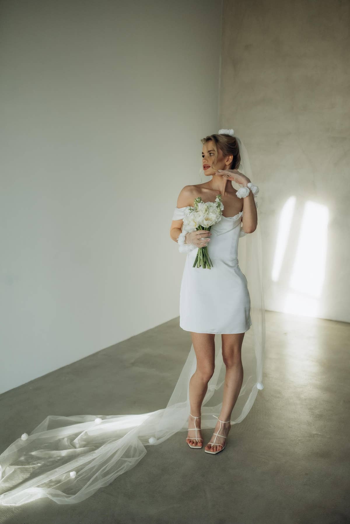 White Off-Shoulder Satin Mini Dress, Ivory Silk Sleeveless Bridal Gown, Boho Short Wedding Dress