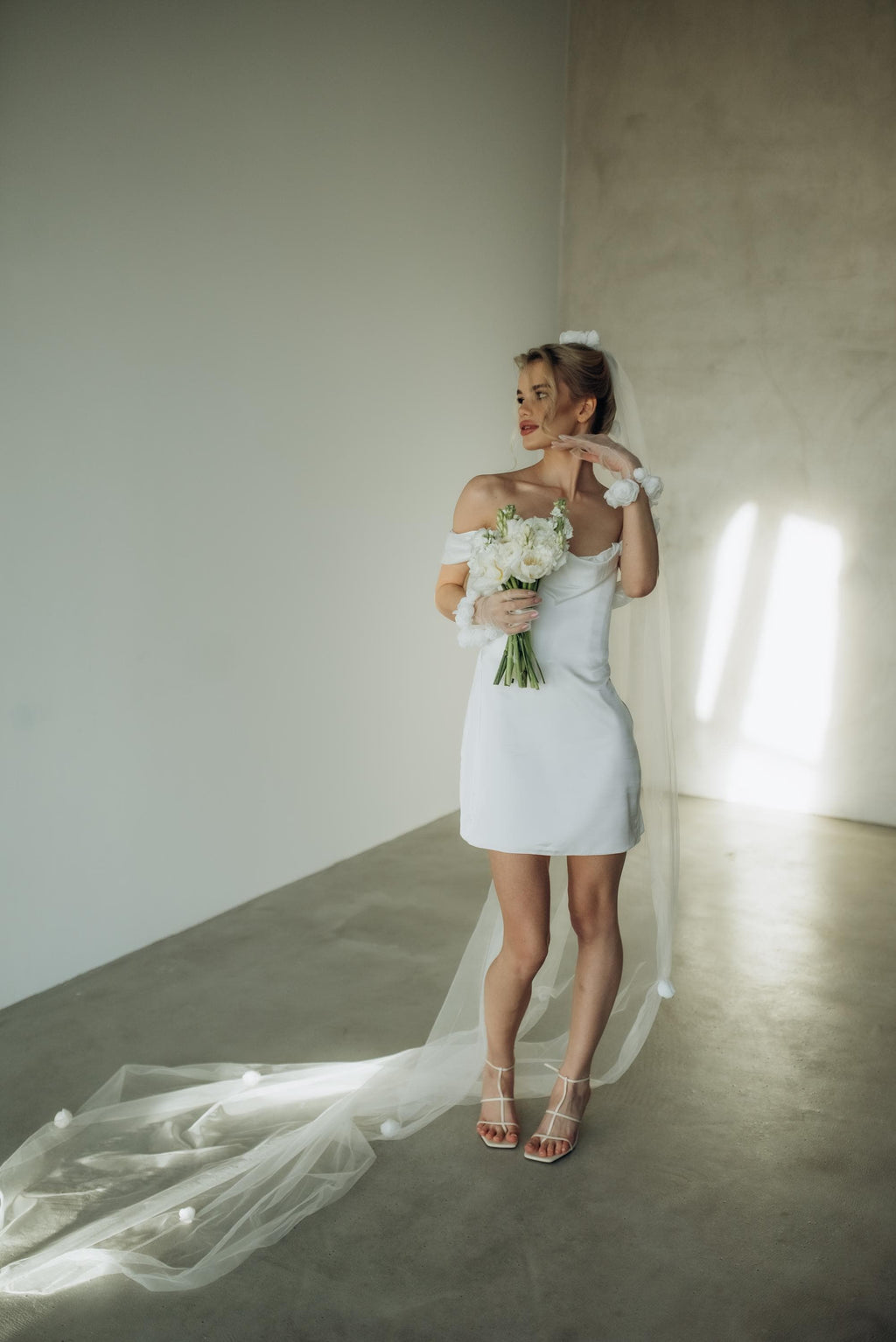White Off-Shoulder Satin Mini Dress, Ivory Silk Sleeveless Bridal Gown, Boho Short Wedding Dress