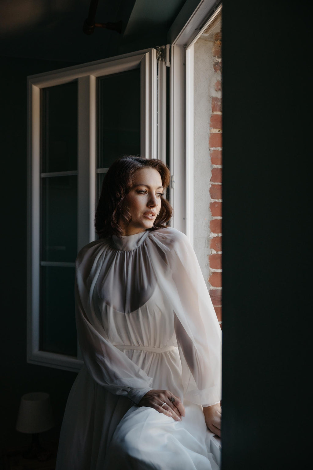 Modest Chiffon Boho Wedding Dress, Long Sleeve High Neck Bridal Gown, Custom