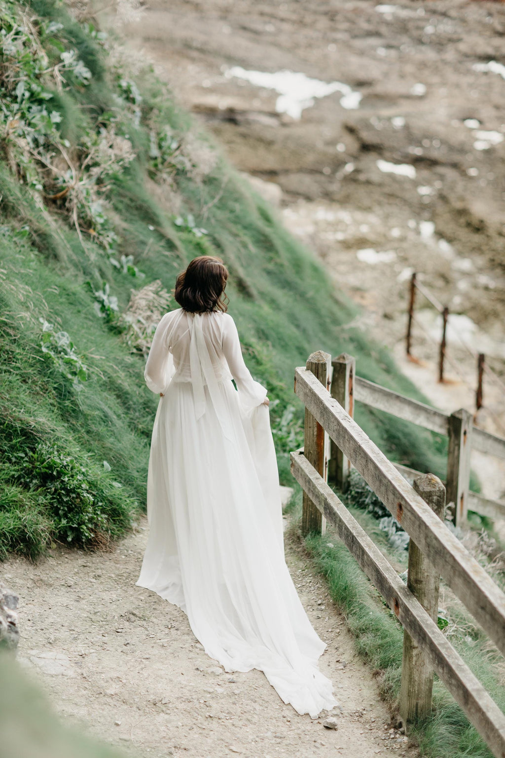 Modest Chiffon Boho Wedding Dress, Long Sleeve High Neck Bridal Gown, Custom