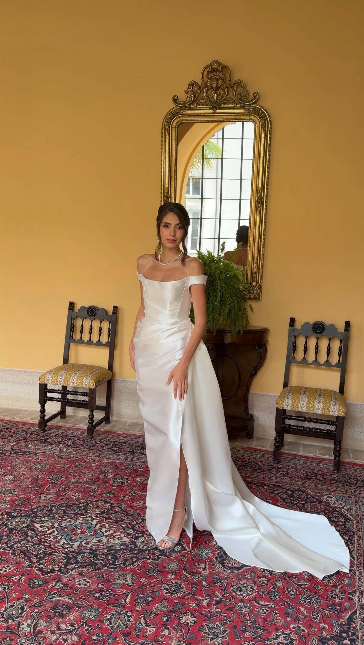 Pencil Wedding Dress, Off-Shoulder Satin Corset Gown, Detachable Train, Custom