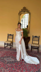 Pencil Wedding Dress, Off-Shoulder Satin Corset Gown, Detachable Train, Custom