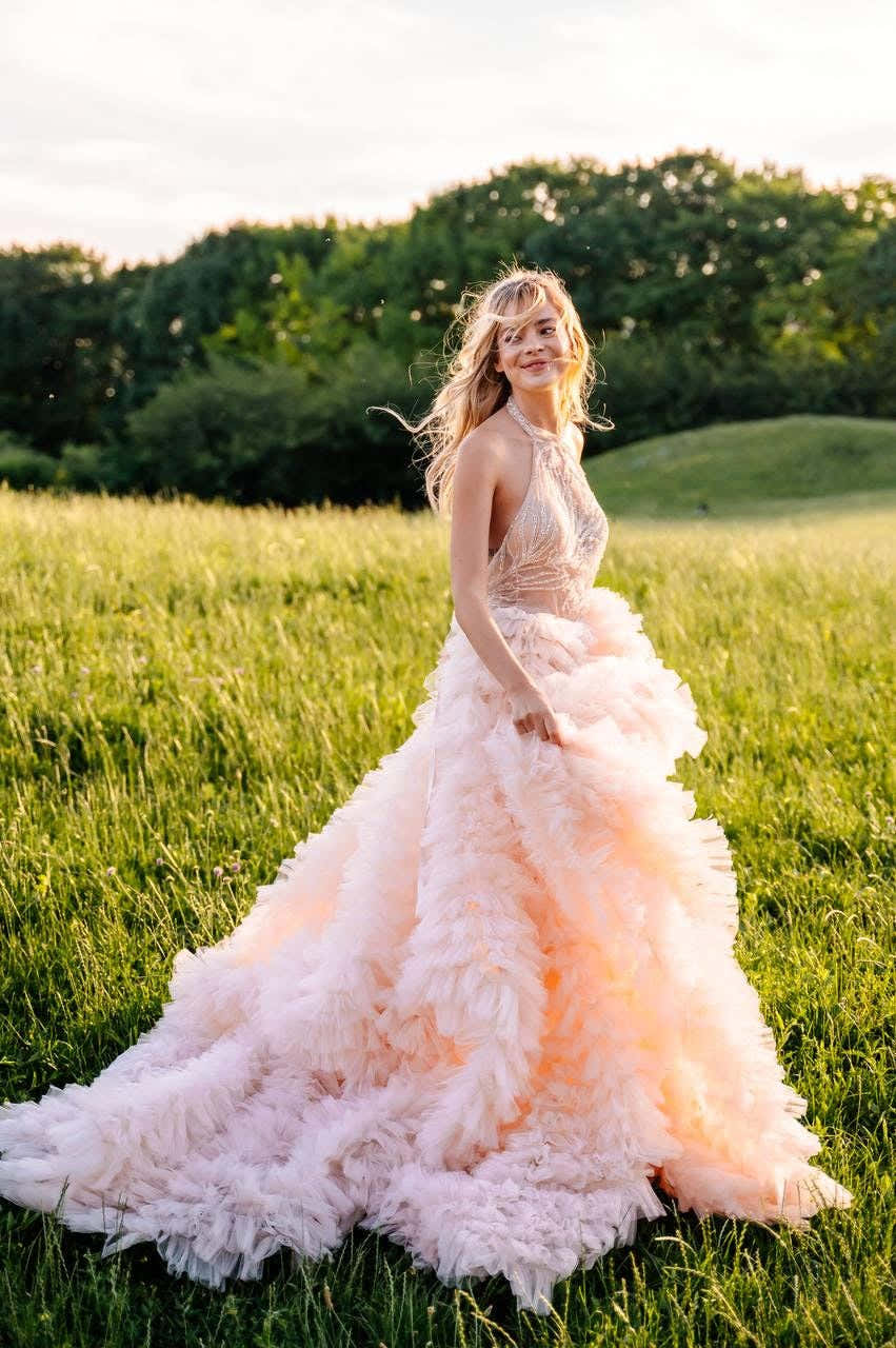Blush Pink Wedding Dress, Tulle Ball Gown with Halter Beaded Bodice, Custom