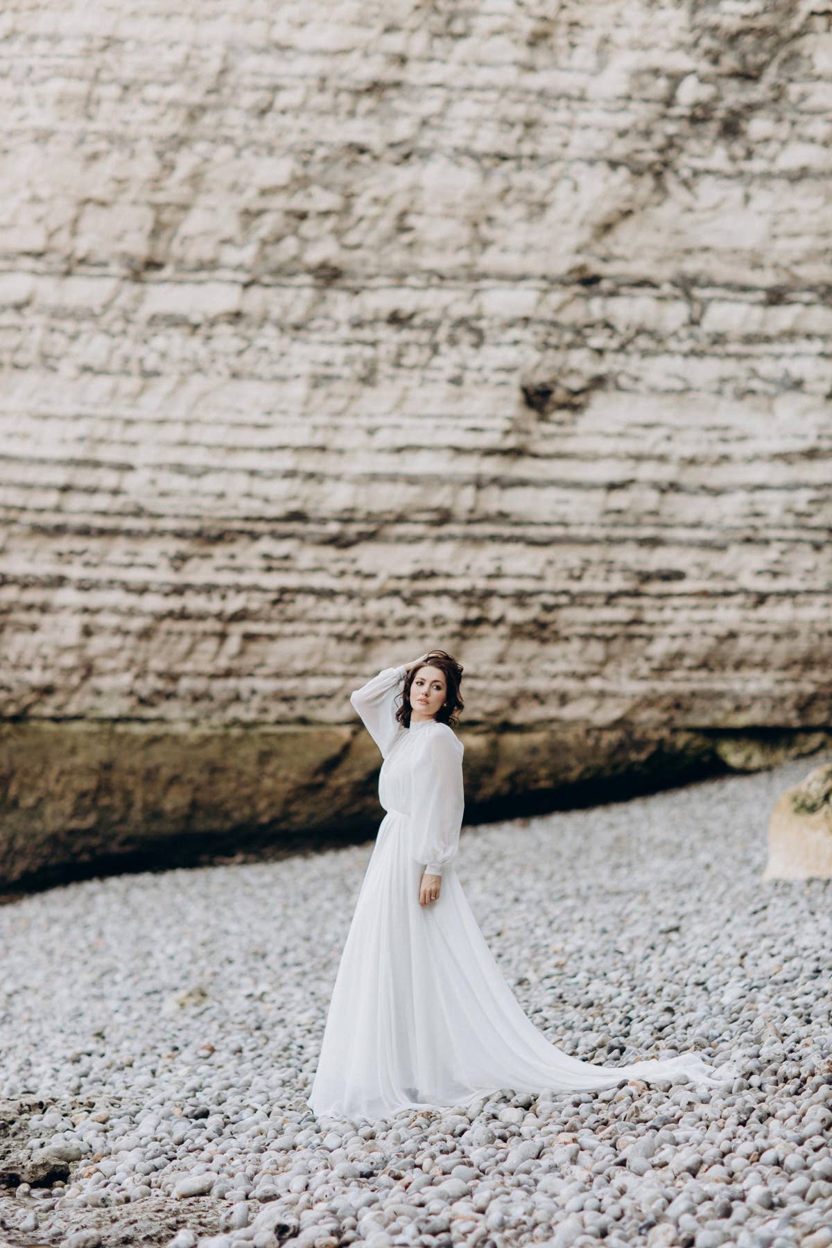 Modest Chiffon Boho Wedding Dress, Long Sleeve High Neck Bridal Gown, Custom