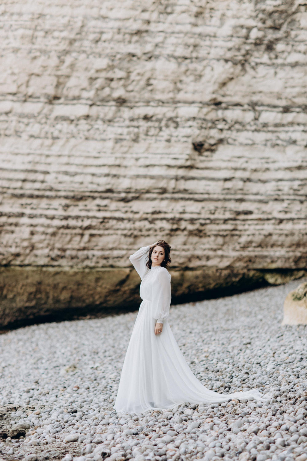 Modest Chiffon Boho Wedding Dress, Long Sleeve High Neck Bridal Gown, Custom