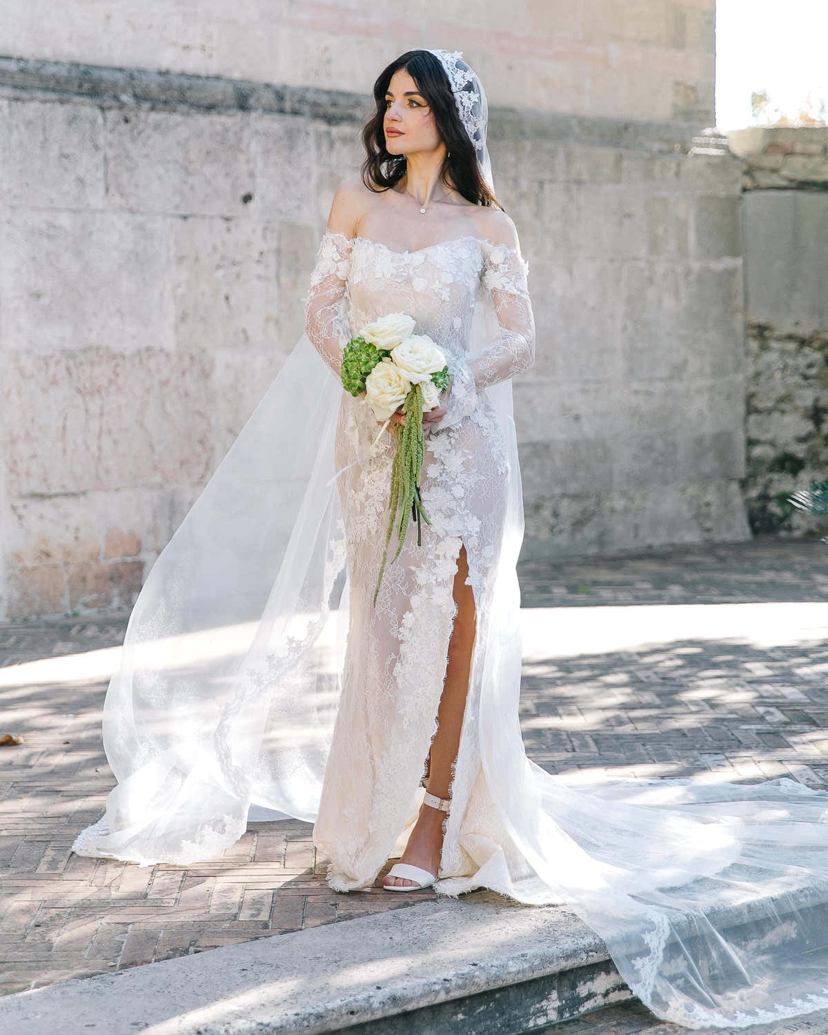 Off-Shoulder Lace Mermaid Wedding Dress, Sheer Corset Bridal Gown with 3D Flowers, Custom