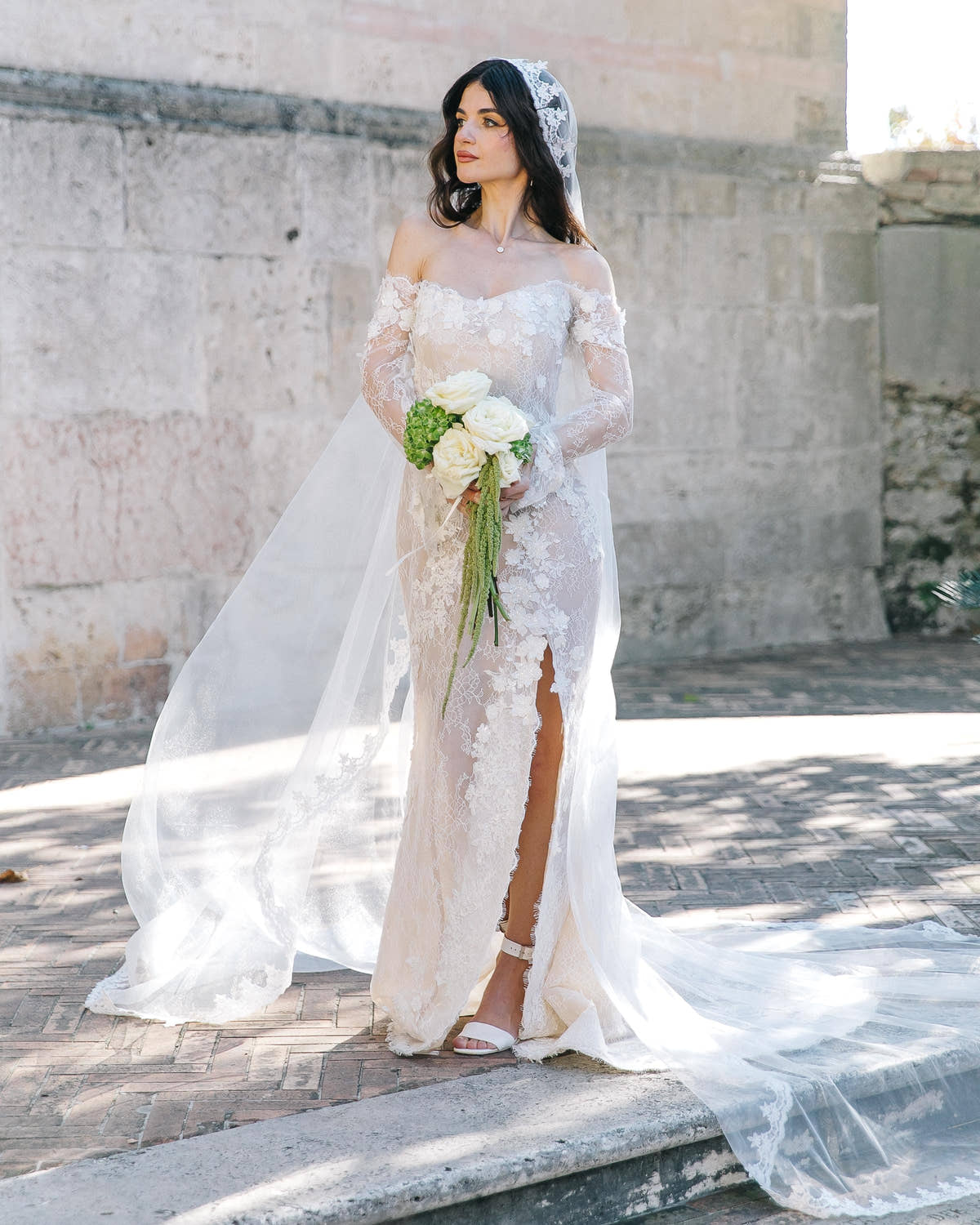 Off-Shoulder Lace Mermaid Wedding Dress, Sheer Corset Bridal Gown with 3D Flowers, Custom