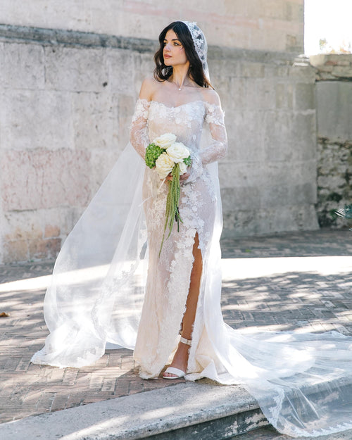 Off-Shoulder Lace Mermaid Wedding Dress, Sheer Corset Bridal Gown with 3D Flowers, Custom