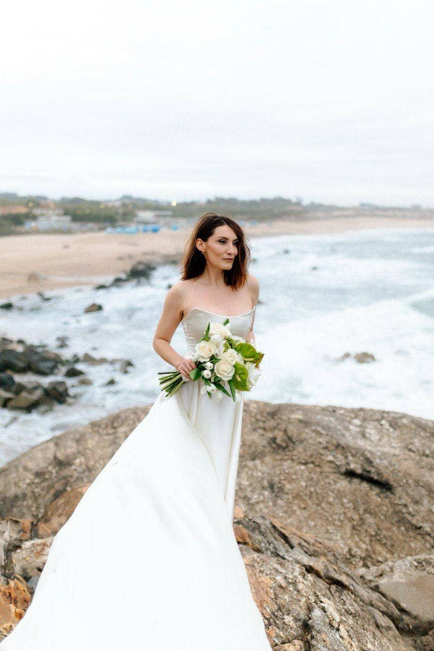 Puff Sleeve Wedding Dress, Off-Shoulder Satin A-Line Gown, High Slit, Custom