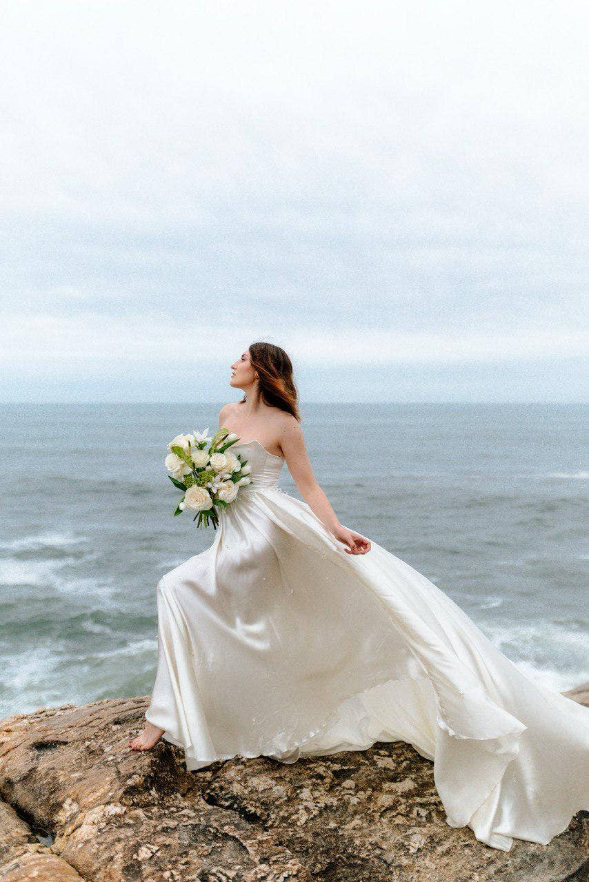 Puff Sleeve Wedding Dress, Off-Shoulder Satin A-Line Gown, High Slit, Custom