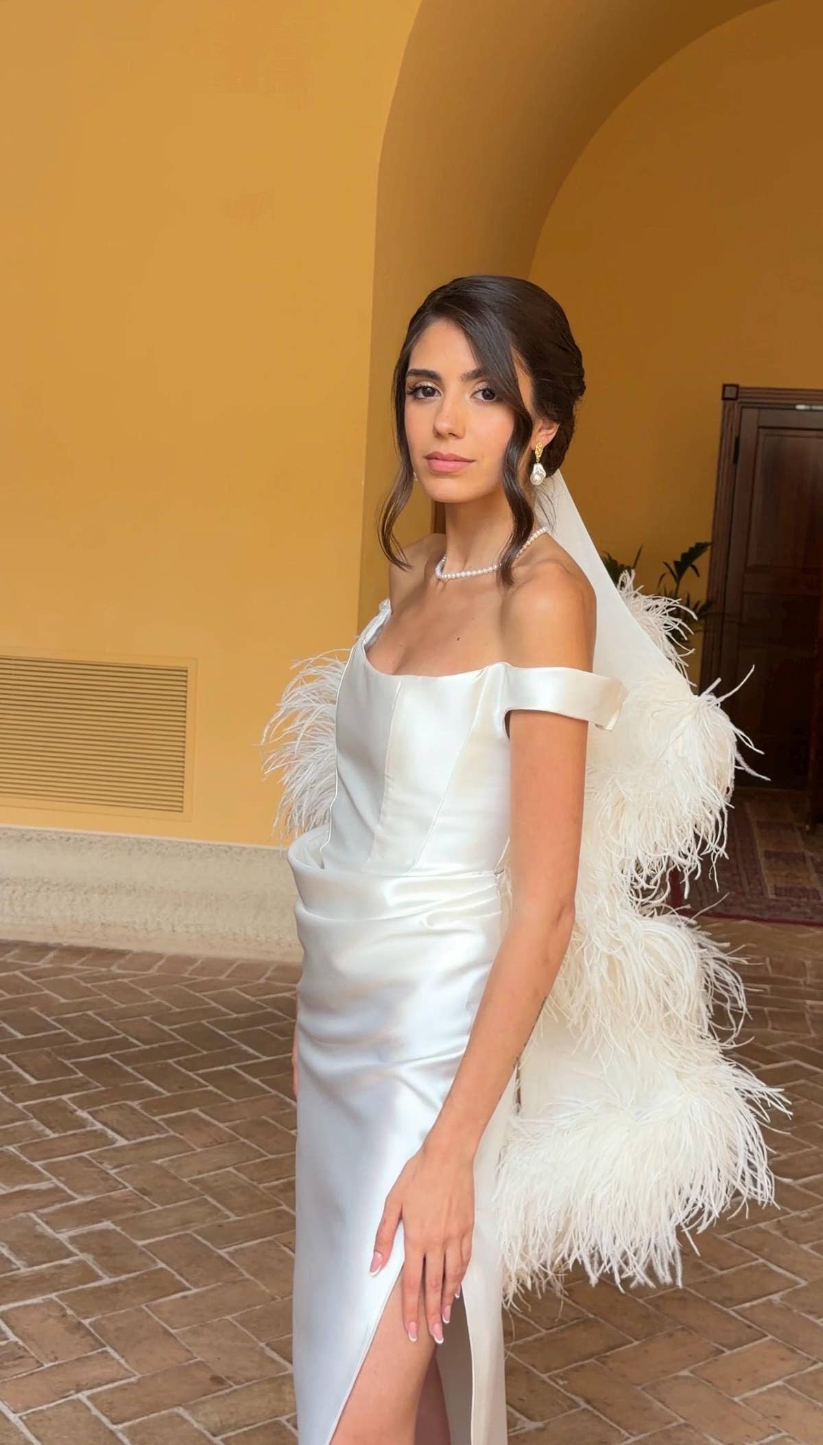 Pencil Wedding Dress, Off-Shoulder Satin Corset Gown, Detachable Train, Custom