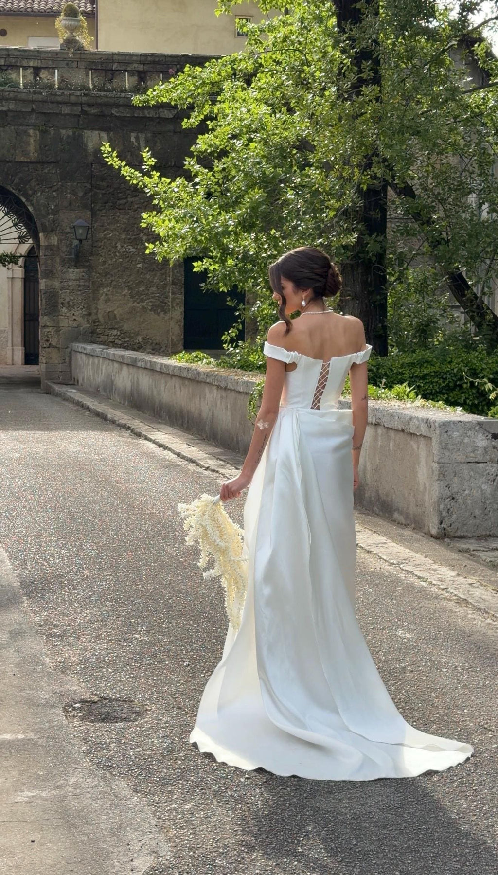 Pencil Wedding Dress, Off-Shoulder Satin Corset Gown, Detachable Train, Custom