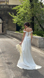 Pencil Wedding Dress, Off-Shoulder Satin Corset Gown, Detachable Train, Custom