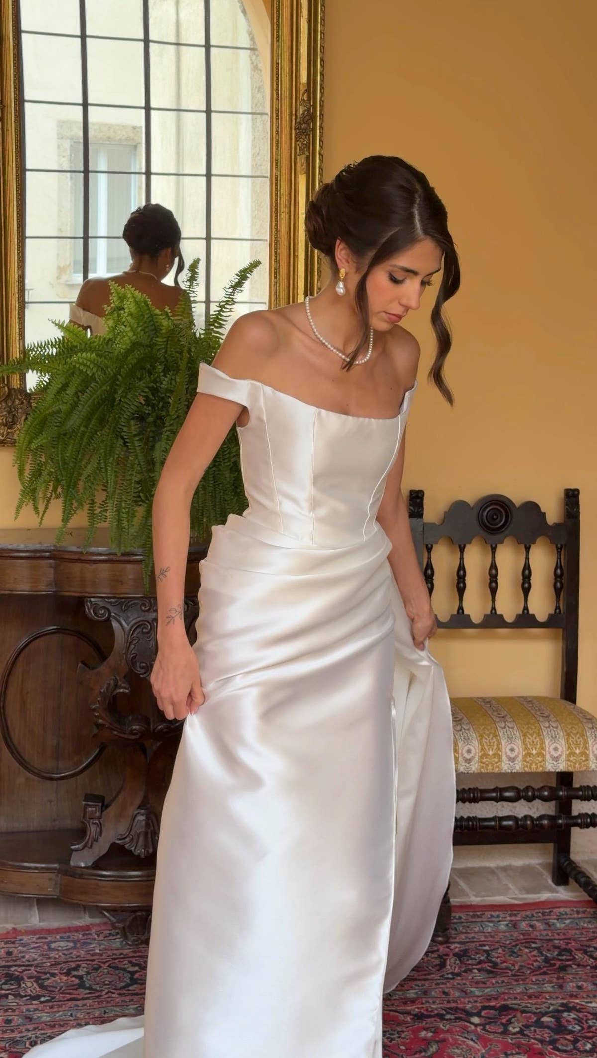 Pencil Wedding Dress, Off-Shoulder Satin Corset Gown, Detachable Train, Custom