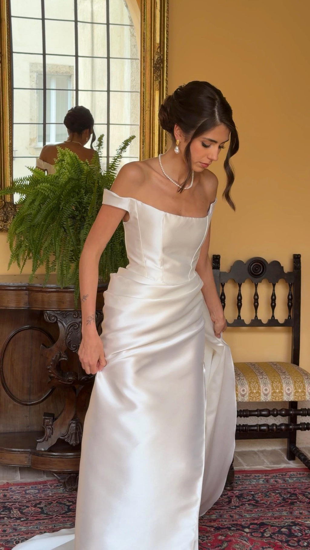 Pencil Wedding Dress, Off-Shoulder Satin Corset Gown, Detachable Train, Custom