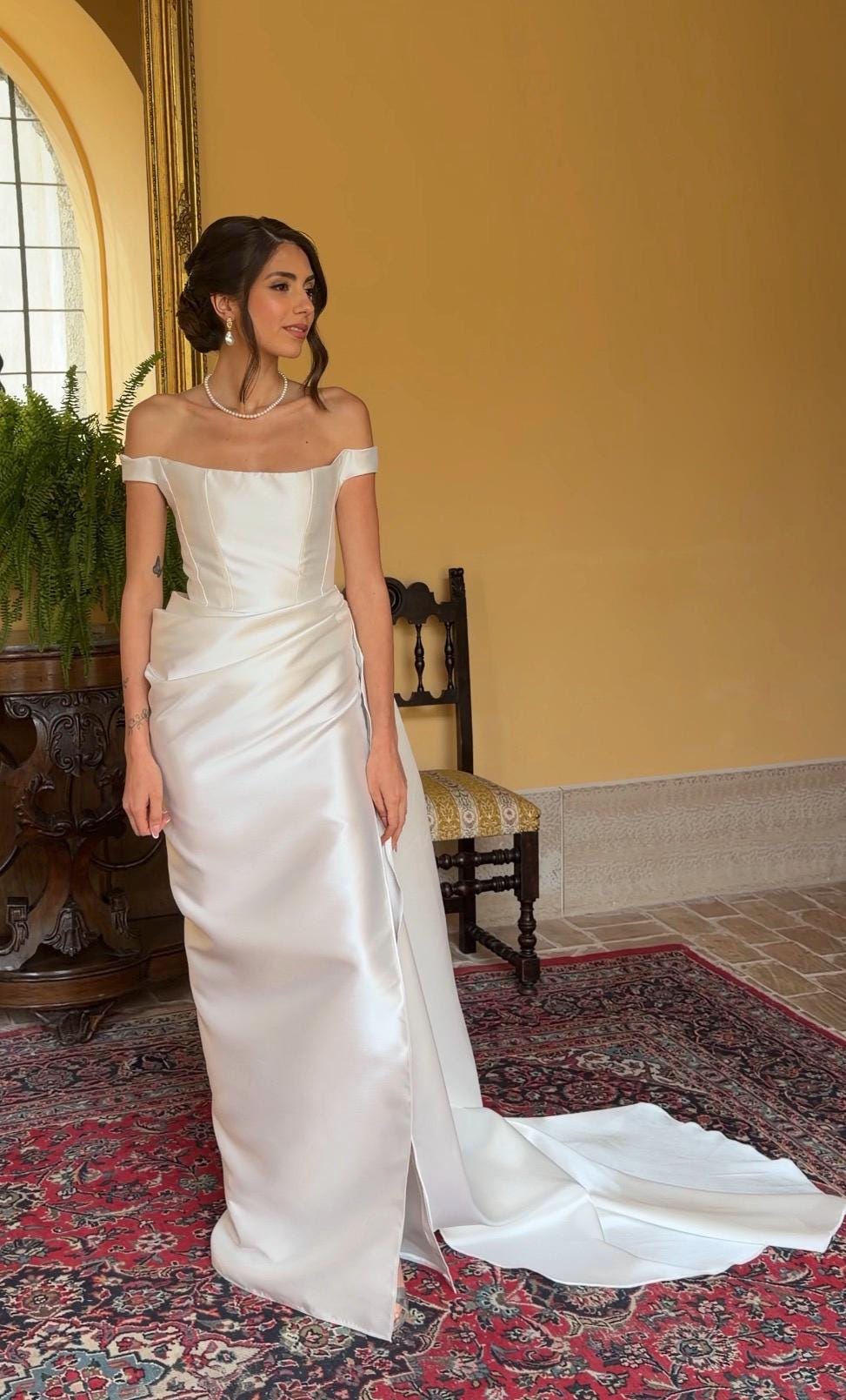 Pencil Wedding Dress, Off-Shoulder Satin Corset Gown, Detachable Train, Custom