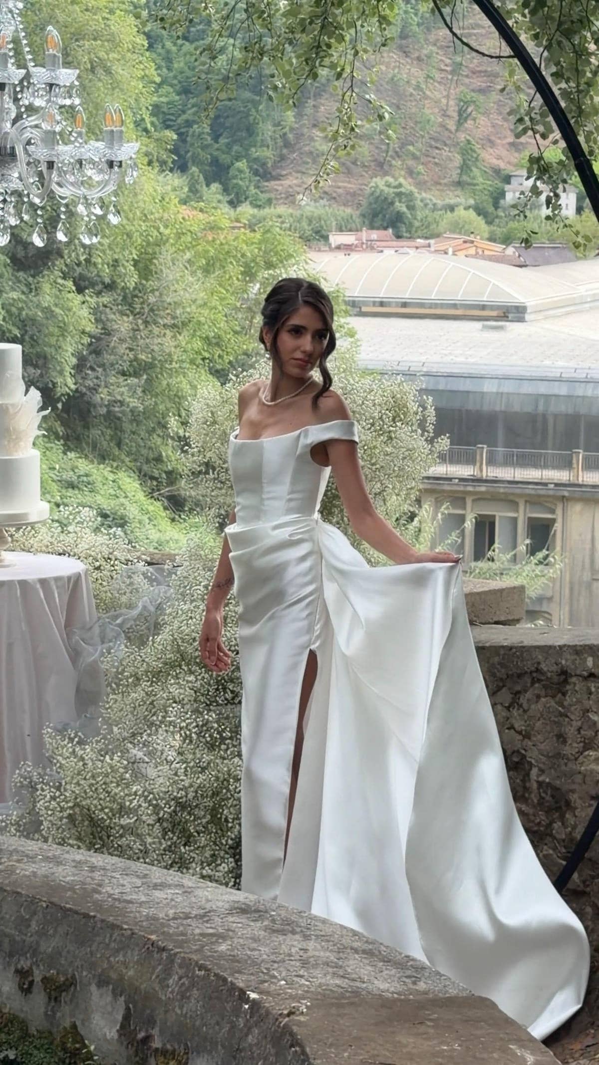 Pencil Wedding Dress, Off-Shoulder Satin Corset Gown, Detachable Train, Custom