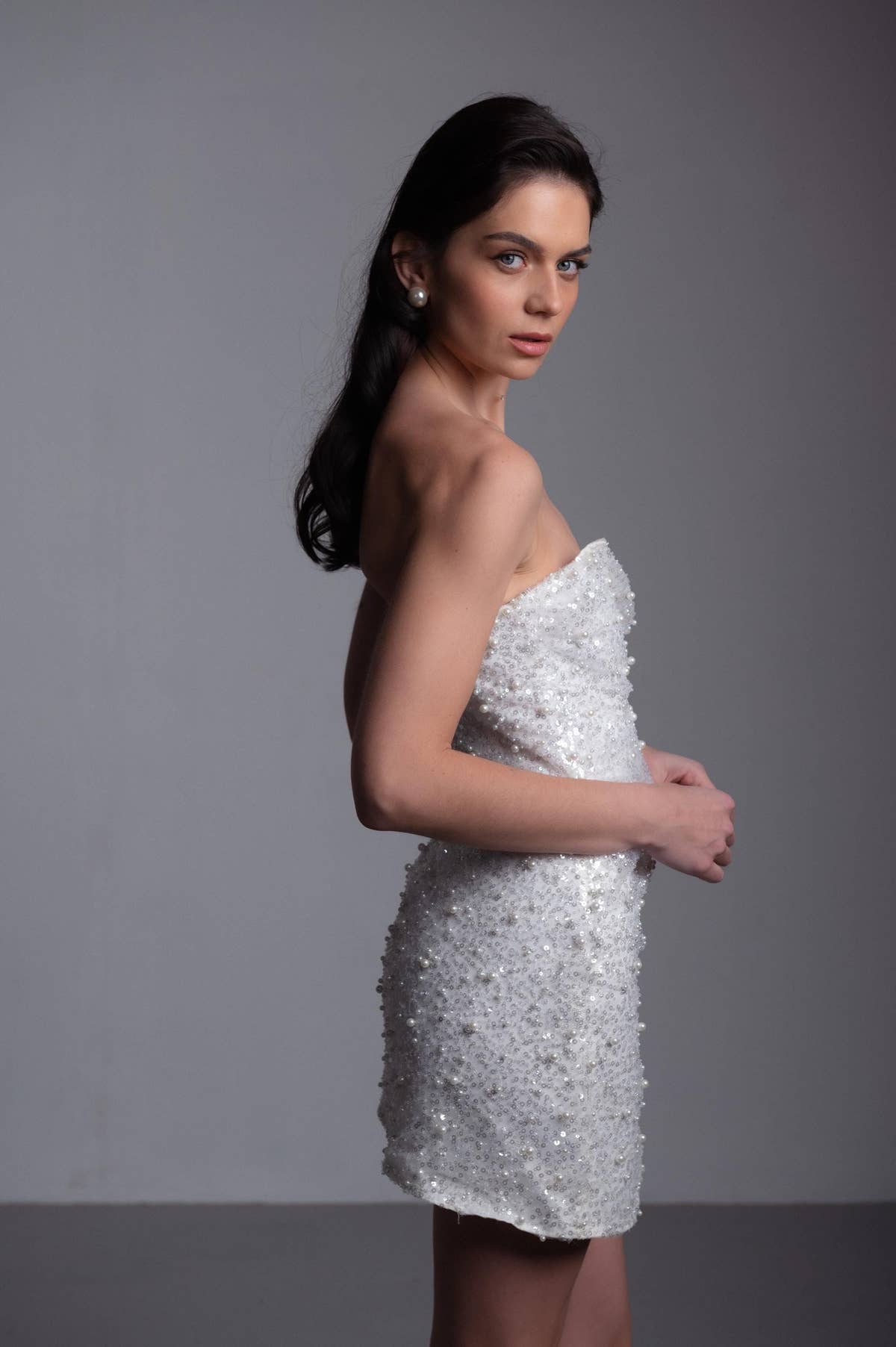 Sequin Reception Dress, Short Sparkly Wedding Dress, Strapless Mini, Custom