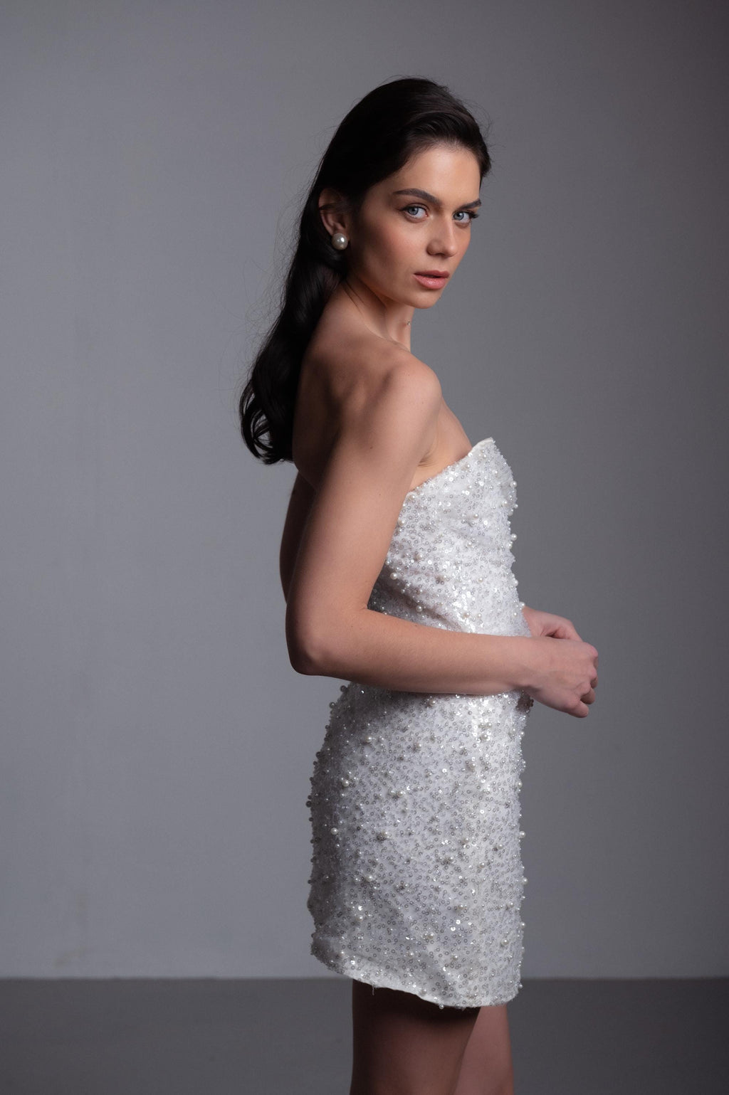 Sequin Reception Dress, Short Sparkly Wedding Dress, Strapless Mini, Custom