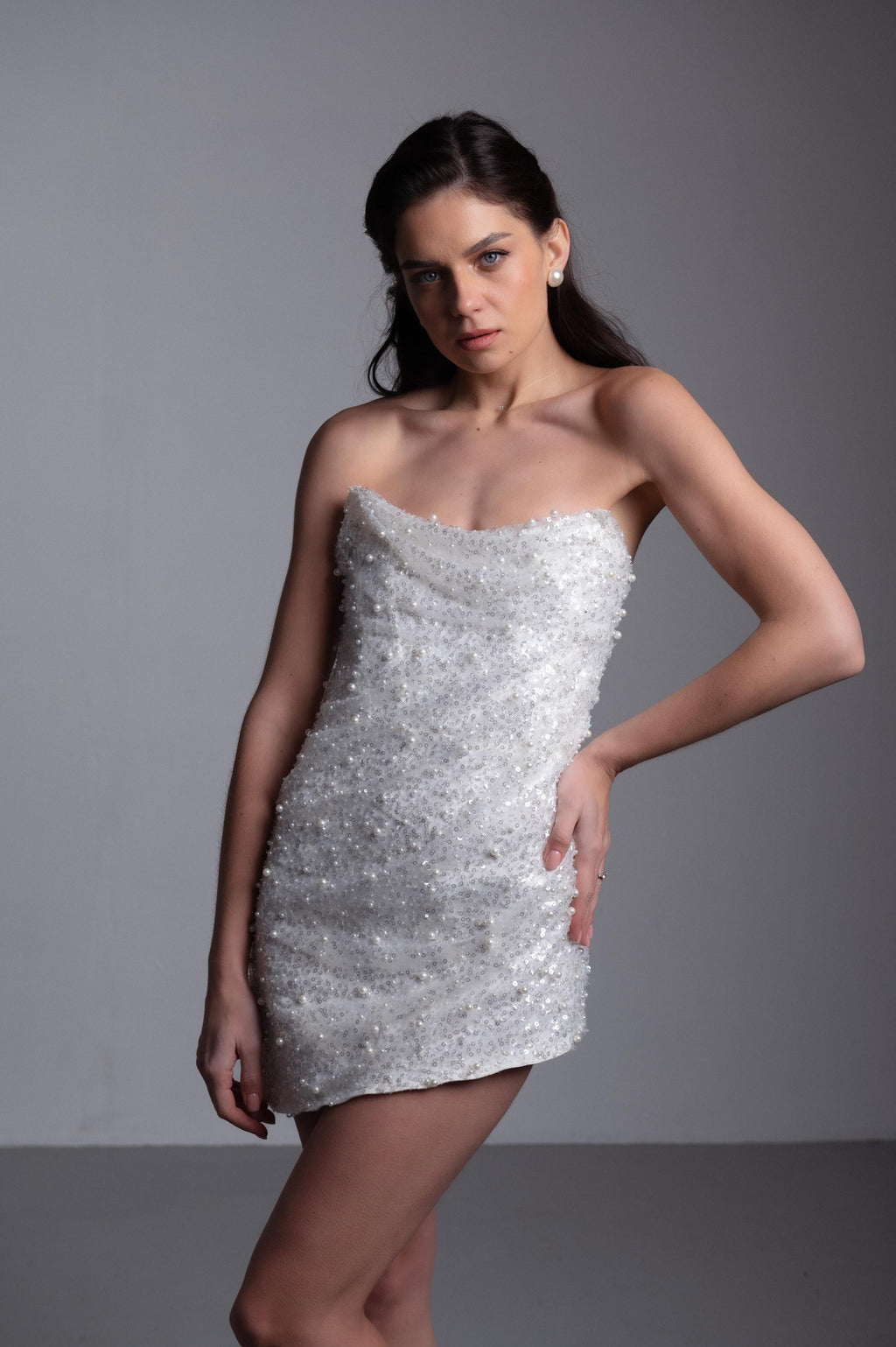 Sequin Reception Dress, Short Sparkly Wedding Dress, Strapless Mini, Custom