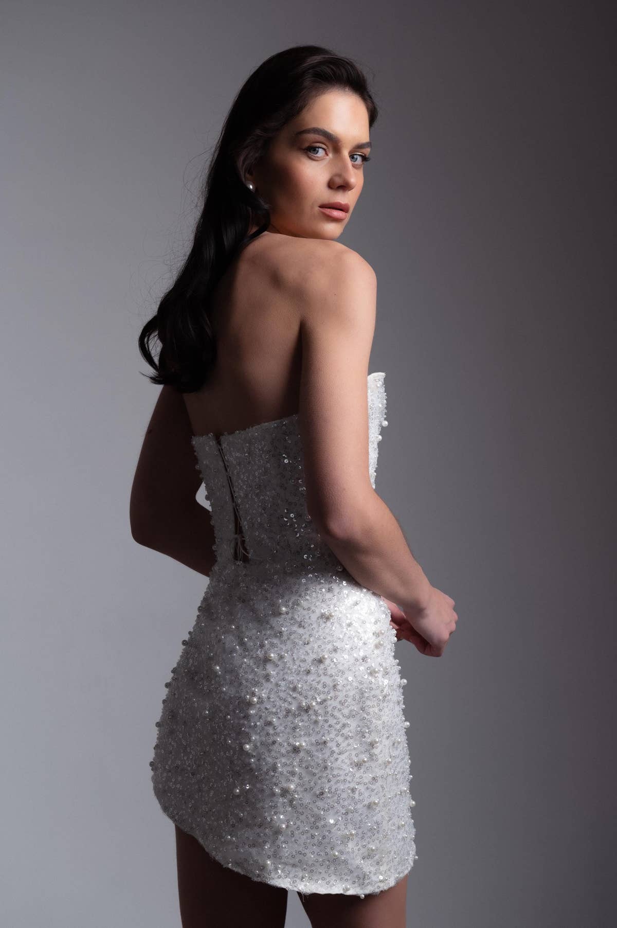 Sequin Reception Dress, Short Sparkly Wedding Dress, Strapless Mini, Custom