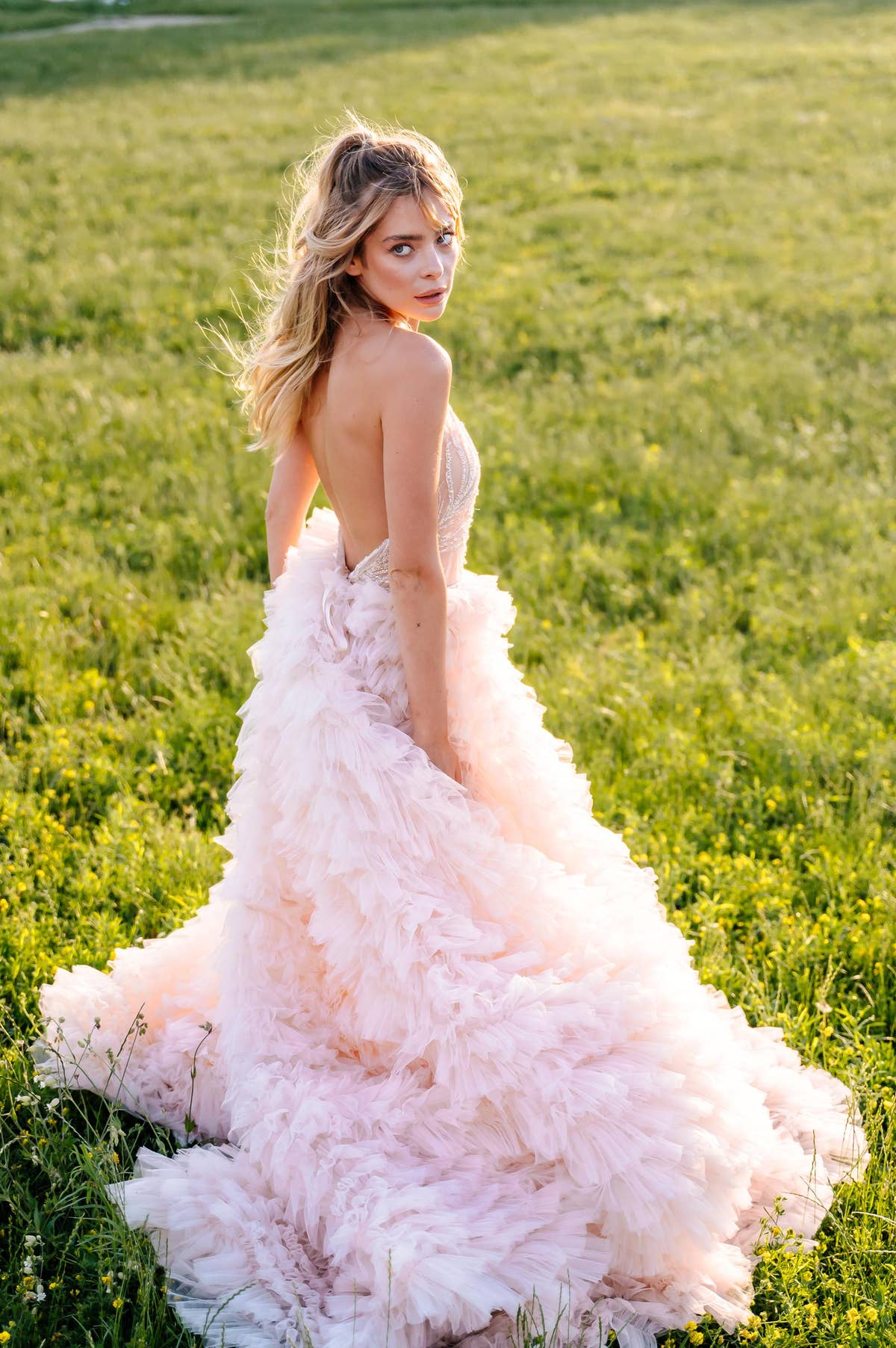 Blush Pink Wedding Dress, Tulle Ball Gown with Halter Beaded Bodice, Custom