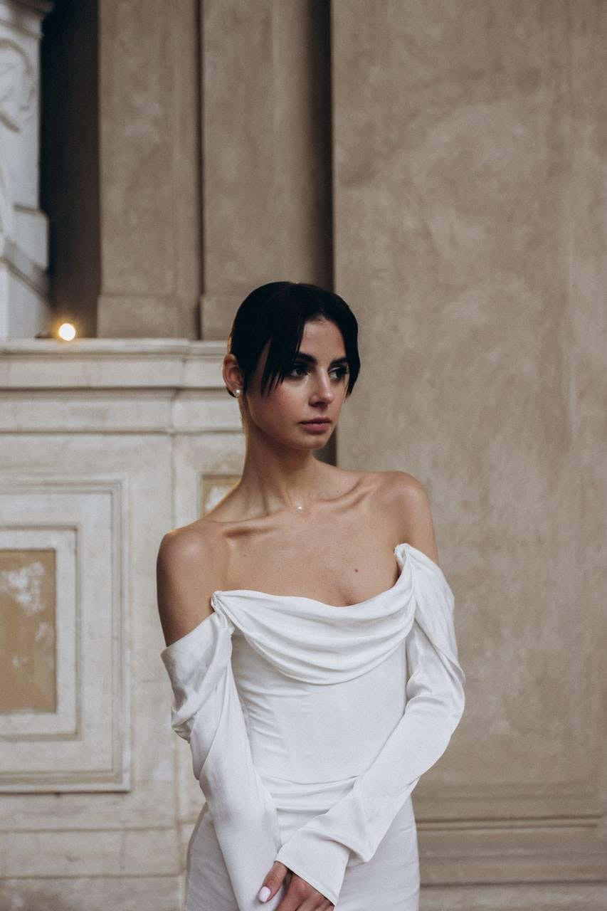 Cowl Neck Wedding Dress, Off-Shoulder Satin Bridal Gown, Long Sleeve Fitted Mermaid, Low Back Lace-Up Corset, Sweep Trai