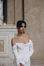 Cowl Neck Wedding Dress, Off-Shoulder Satin Bridal Gown, Long Sleeve Fitted Mermaid, Low Back Lace-Up Corset, Sweep Trai
