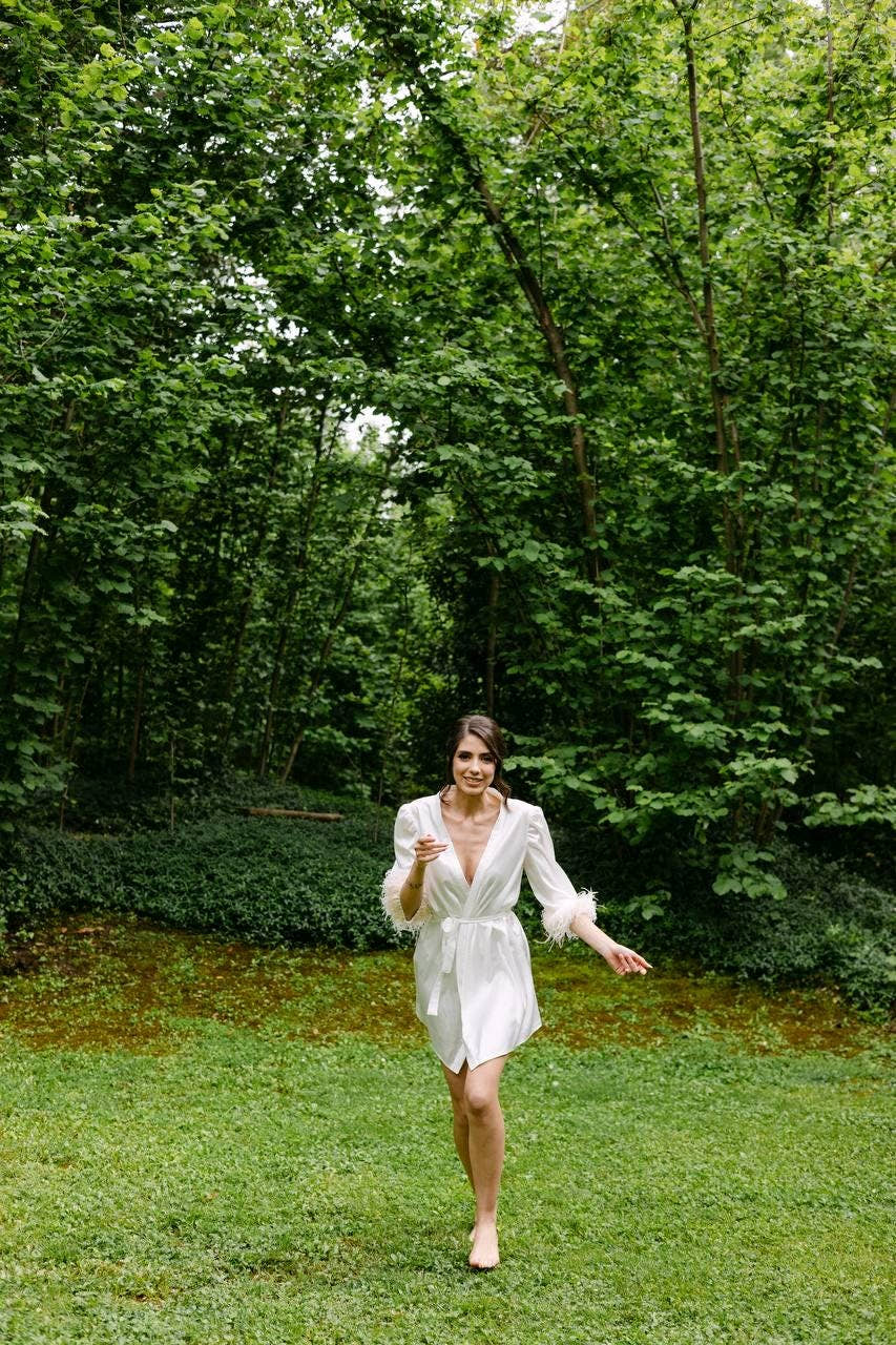Feather Bridal Robe, Short Satin Dressing Gown, Custom Handmade