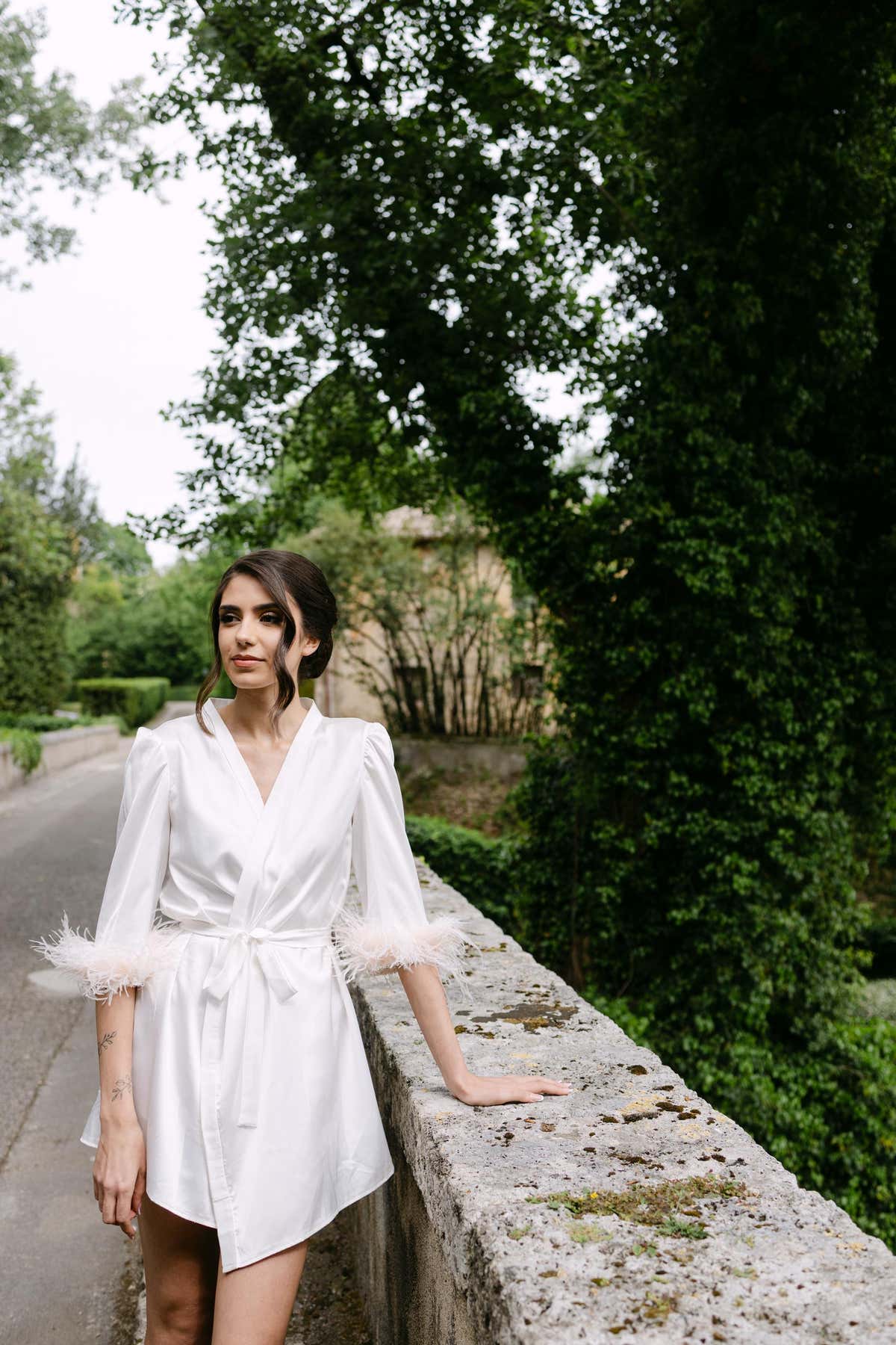 Feather Bridal Robe, Short Satin Dressing Gown, Custom Handmade