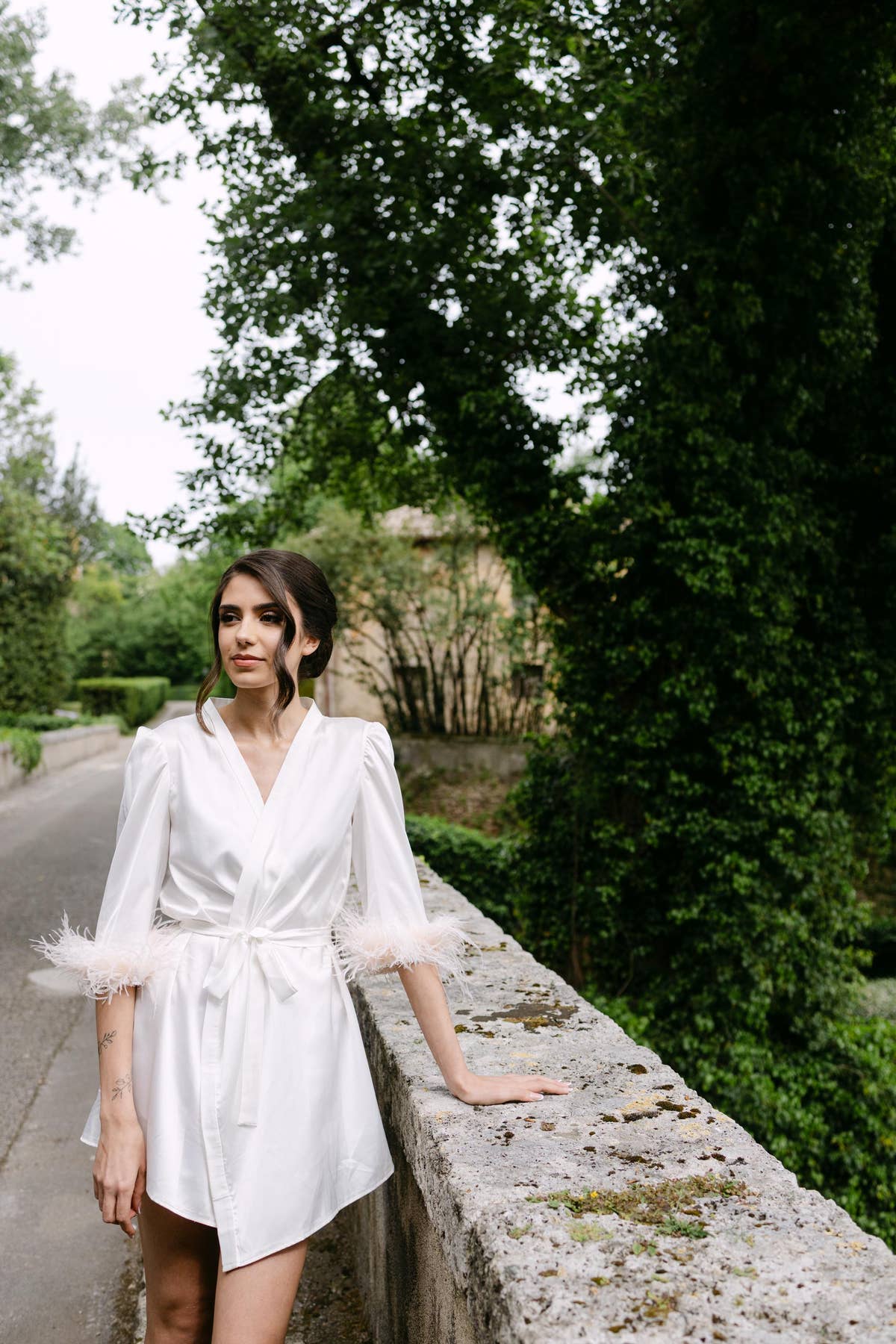 Feather Bridal Robe, Short Satin Dressing Gown, Custom Handmade