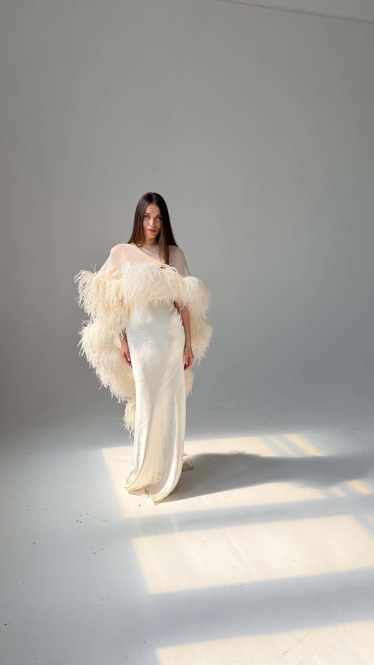Feather Cape Wedding Dress, Mermaid Satin Slip Gown, Open Back, Custom