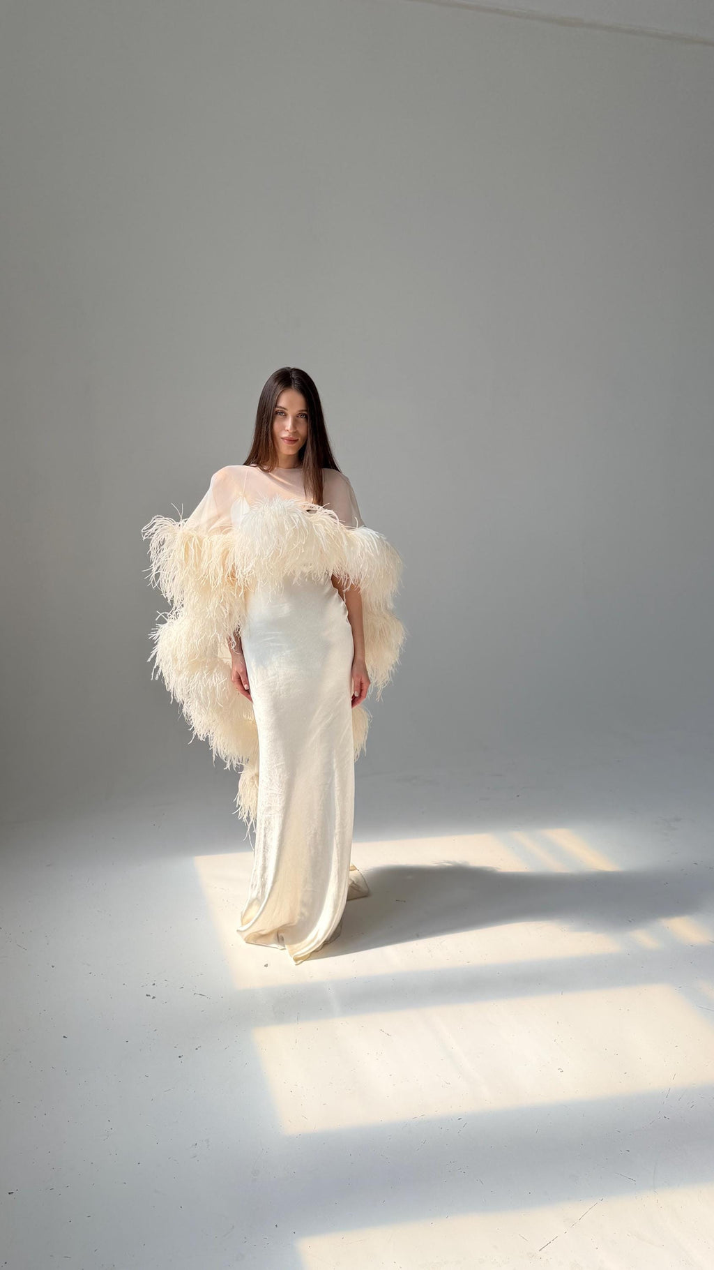 Feather Cape Wedding Dress, Mermaid Satin Slip Gown, Open Back, Custom