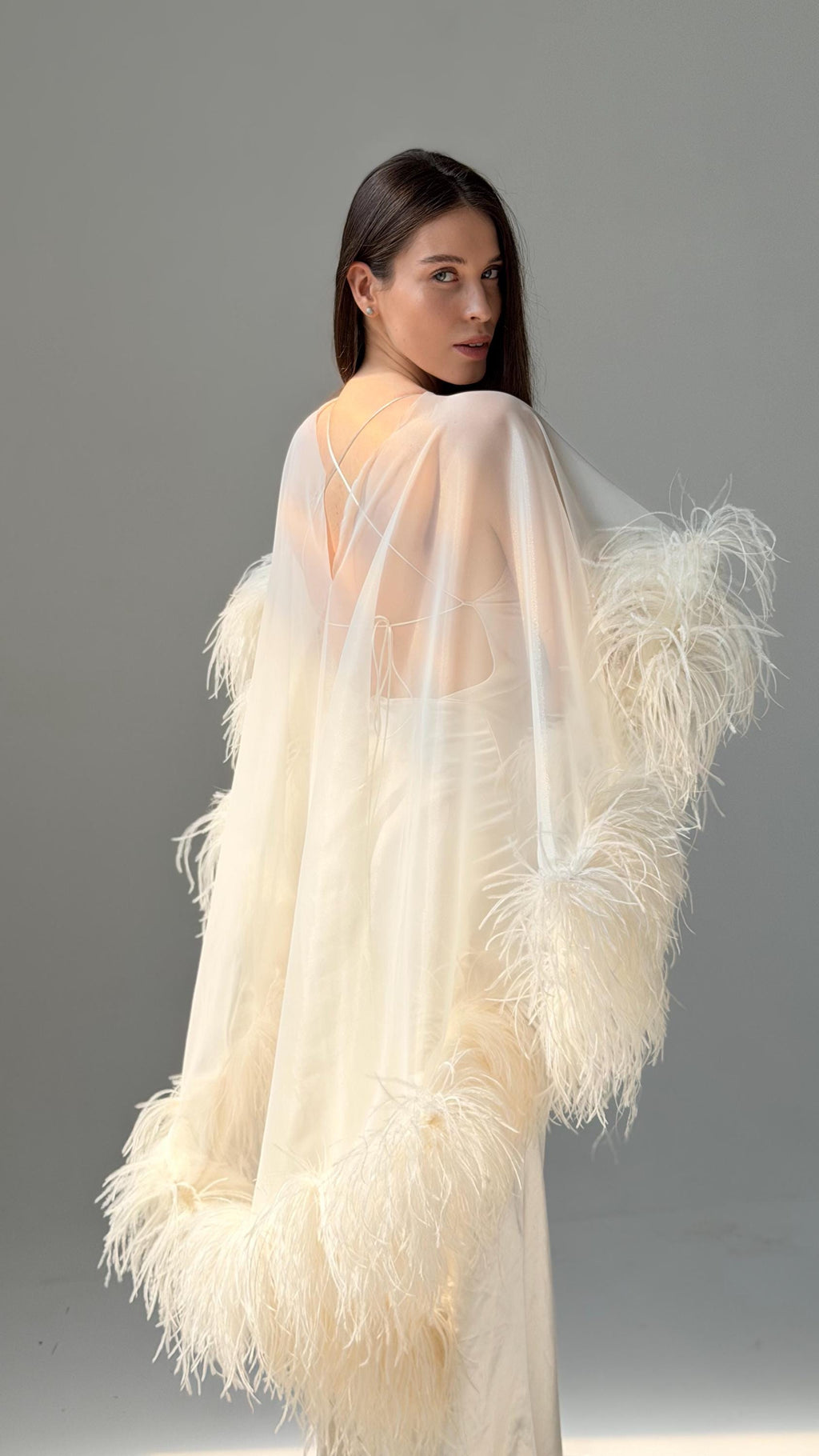 Feather Cape Wedding Dress, Mermaid Satin Slip Gown, Open Back, Custom