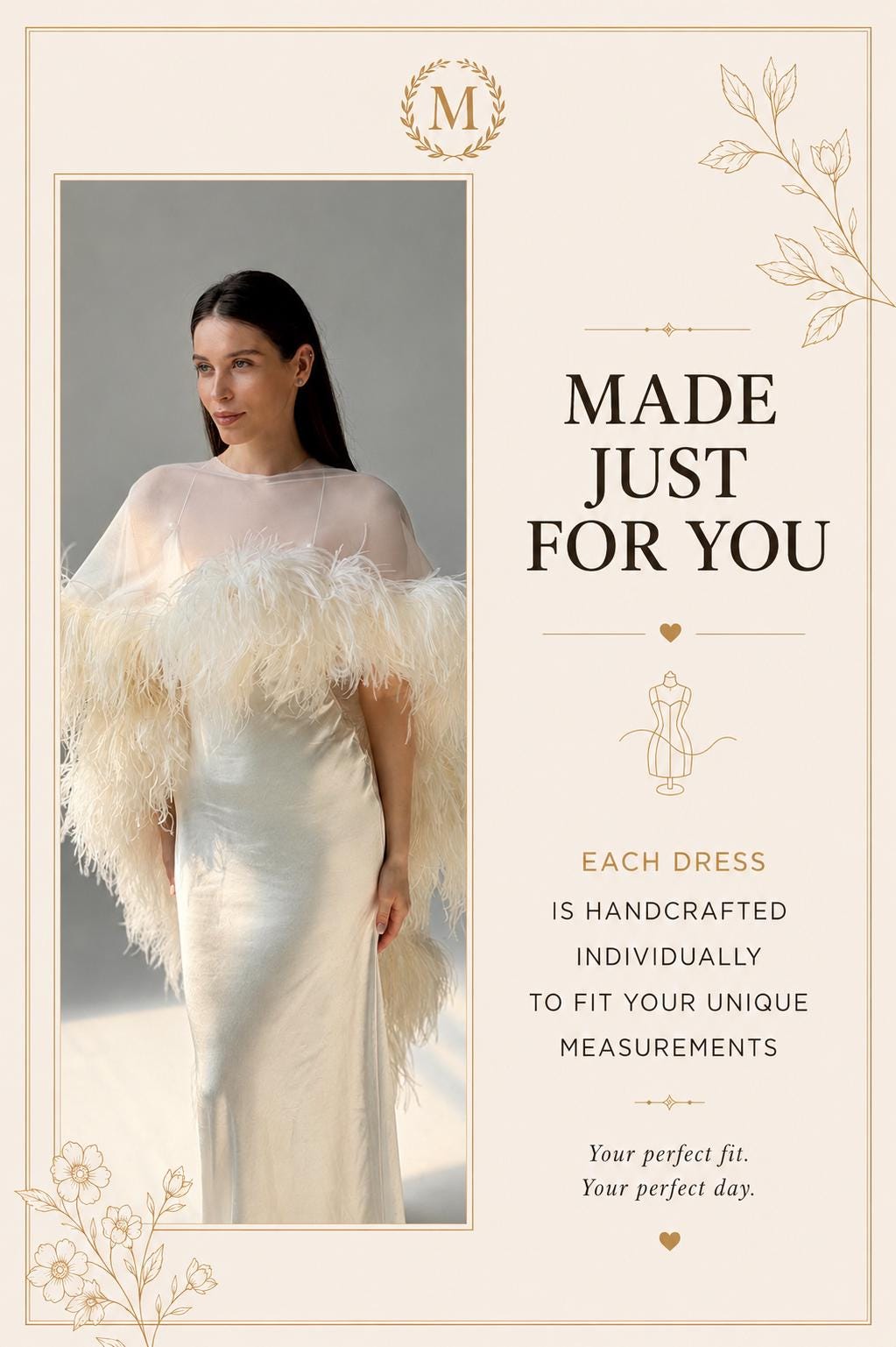 Feather Cape Wedding Dress, Mermaid Satin Slip Gown, Open Back, Custom