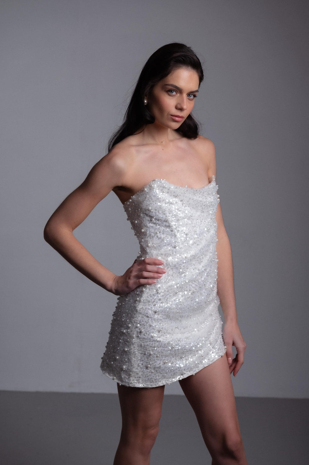 Sequin Reception Dress, Short Sparkly Wedding Dress, Strapless Mini, Custom