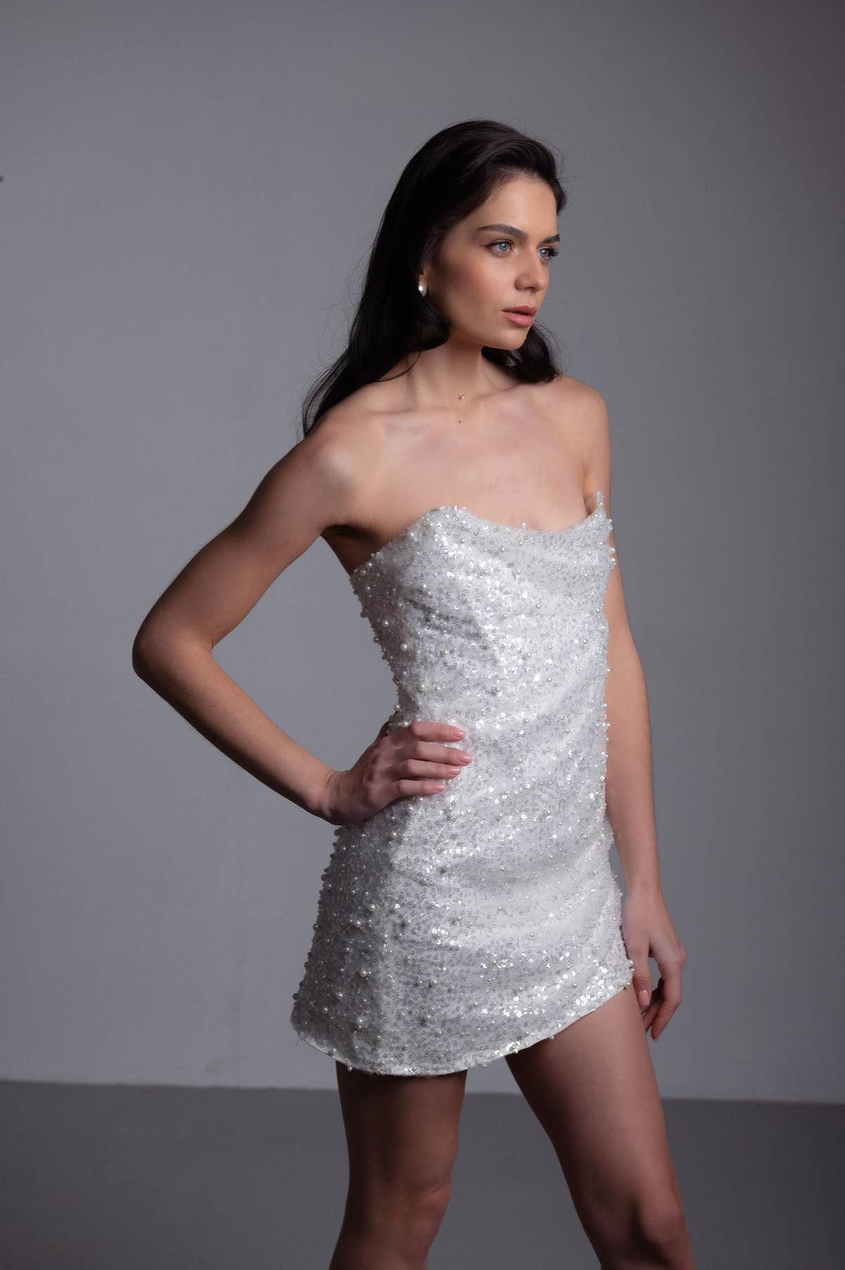 Sequin Reception Dress, Short Sparkly Wedding Dress, Strapless Mini, Custom