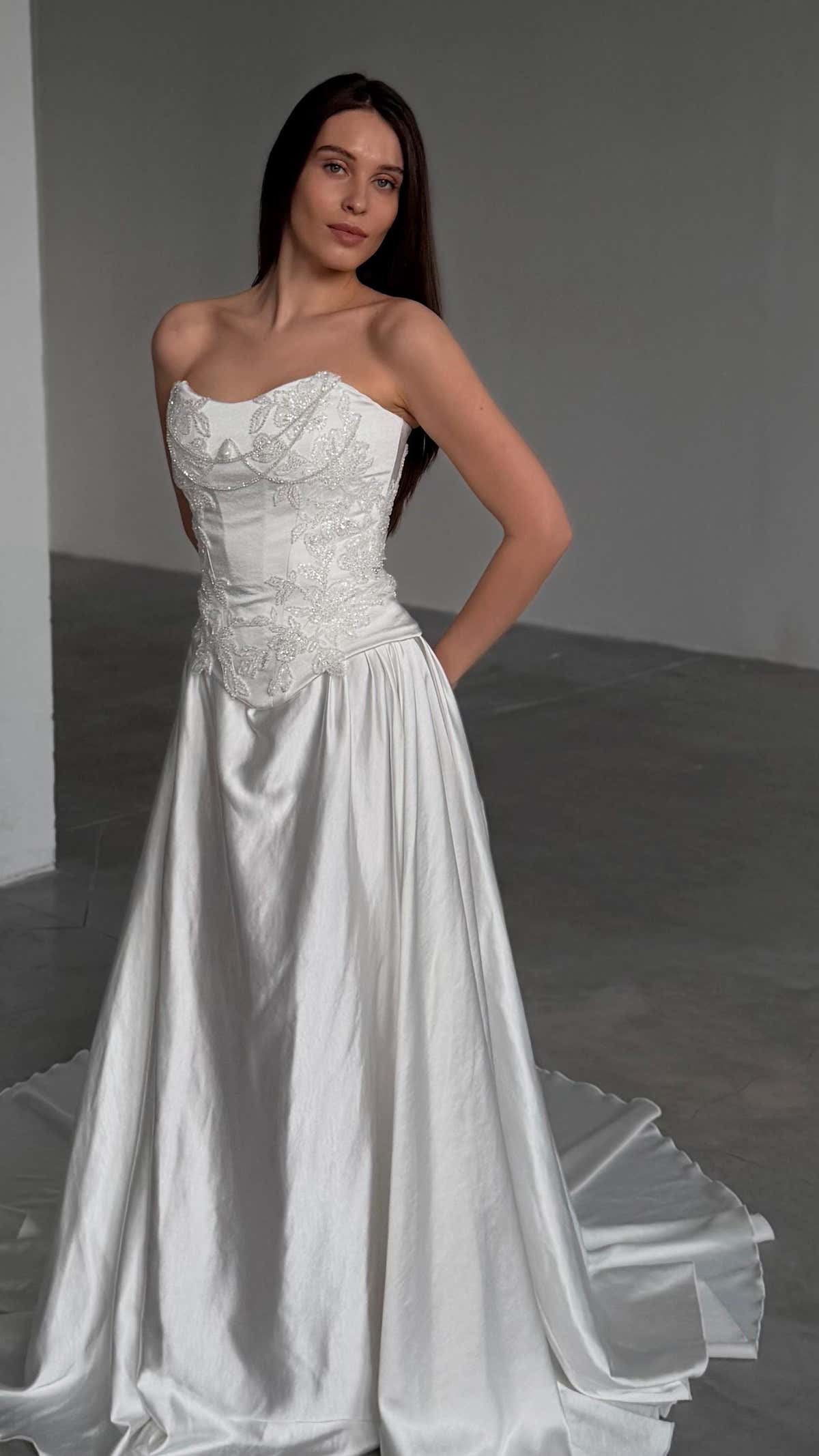 Beaded Lace Wedding Dress, Two Piece Satin Corset A-Line Gown, Custom Made